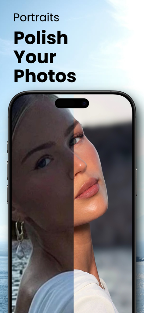 Pecra: Pro Camera Finish - Before and after comparison of a portrait photo on a smartphone screen showing professional camera lighting and detail enhancement