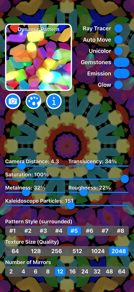 A screenshot of the Kaleidoscope Real app showing detailed customization settings for pattern style, ray tracing, and material properties over a colorful geometric background.