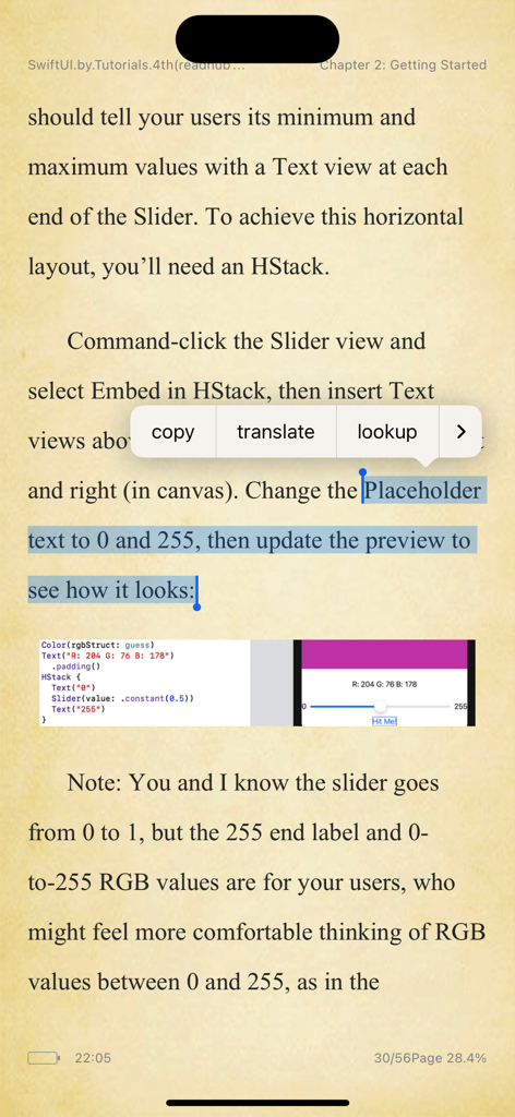 Screenshot of the eBooks app interface showing text selection with options to copy translate and lookup on a sepia background