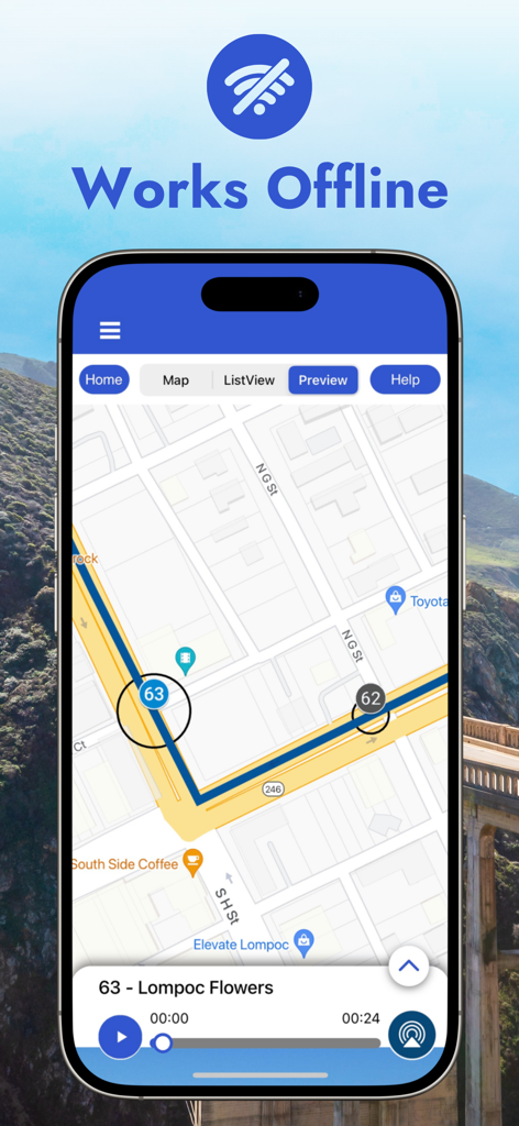 A smartphone screen displaying the offline map and audio tour features of the Pacific Coast Highway 1 Guide app