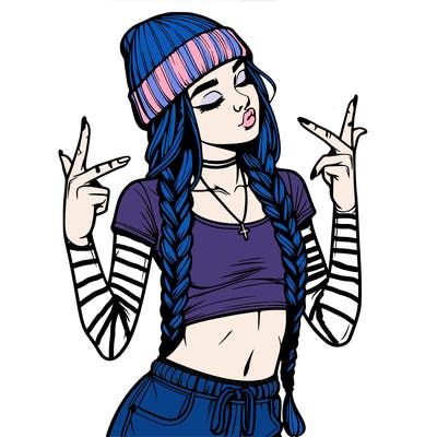 realistic teenage girl with braids and a beanie and crop top doing 🫶🏼