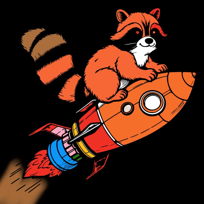 realistic raccoon flying on top rocket ship