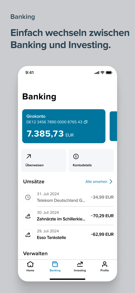 Consorsbank - Capture d'écran de la section bancaire de l'application mobile Consorsbank affichant le solde d'un compte courant et l'historique des transactions récentes.