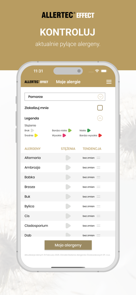 Allertec Effect - Smartphone display of the Allertec Effect app showing a list of allergens and their current pollen concentration levels