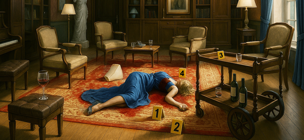 Eine Frau in einem blauen Kleid liegt an einem Tatort mit nummerierten Beweismarkierungen in einer viktorianischen Bibliothek