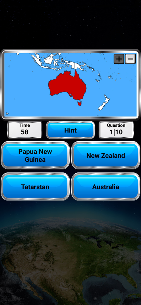 Geography quiz screen showing a map with Australia highlighted in red and multiple choice options