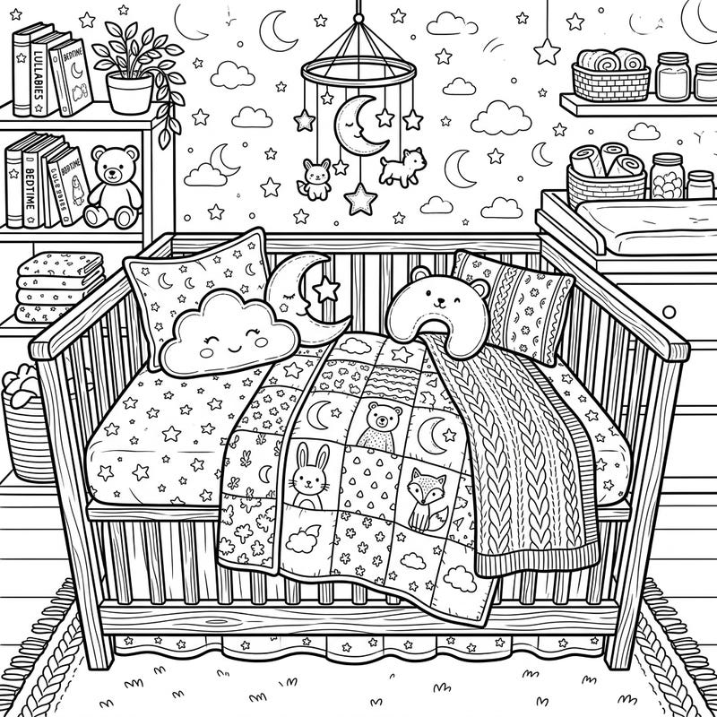 Dive into the tender world of baby nurseries with this delightful coloring page featuring charming crib bedding. Perfect for aspiring parents or anyone who cherishes cozy, sweet designs.