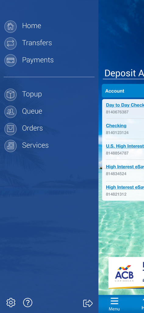 ACB Mobile app interface showing the side navigation menu and list of accounts including checking and high interest savings