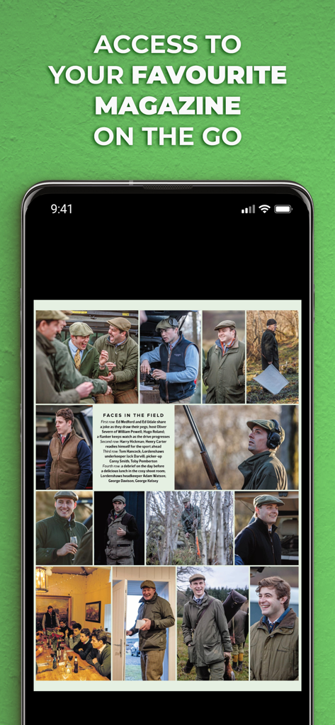 The Field Magazine INT - A smartphone displaying the Faces in the Field page from The Field Magazine digital edition showing traditional British country sporting life.