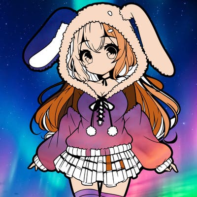 pretty anime girl wearing a fluffy hoodie with bunny ears on the hood and a skirt