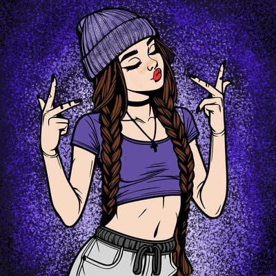 realistic teenage girl with braids and a beanie and crop top doing 🫶🏼
