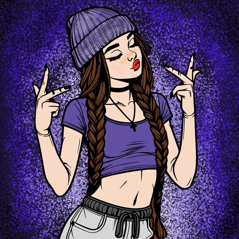 realistic teenage girl with braids and a beanie and crop top doing 🫶🏼