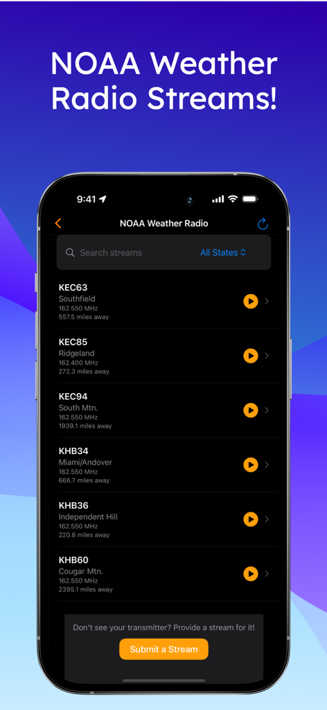 AlerWX - Interfaz de la aplicación AlerWX que muestra una lista de transmisiones de radio meteorológica de la NOAA en vivo con frecuencias de estaciones y ubicaciones.