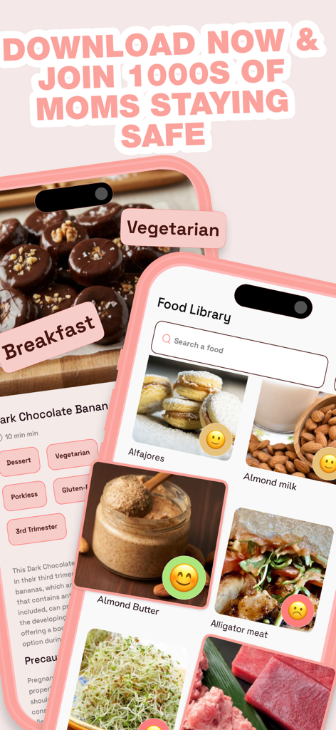 Pregnancy AI Food Companion - Aplicação Pregnancy AI Food Companion exibindo uma biblioteca de alimentos com indicadores de status de segurança e receitas seguras para gravidez.