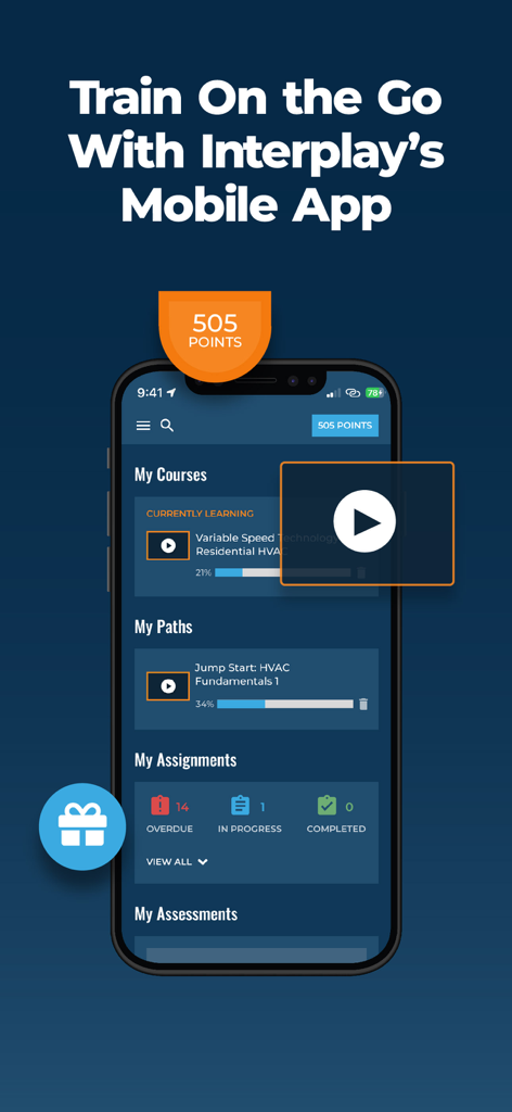 Die Benutzeroberfläche der mobilen Interplay Learning App zeigt Schulungskurse für Handwerksberufe und die Fortschrittsverfolgung der Studenten