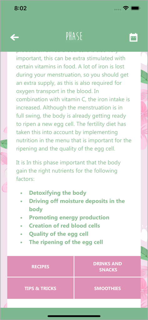 My Pregnancy Wish - Nutritional advice and fertility goals for a cycle phase in the My Pregnancy Wish app.