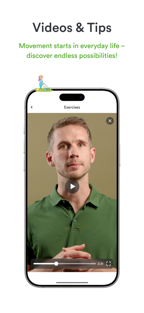 tala-med Cardio - A smartphone displaying an exercise video and tips for everyday movement within the tala-med Cardio app