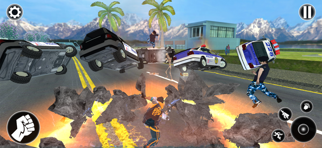 Spider Games Miami Rope Hero - Personaje de superhéroe realizando un ataque de impacto terrestre que voltea coches de policía en el aire en Miami City