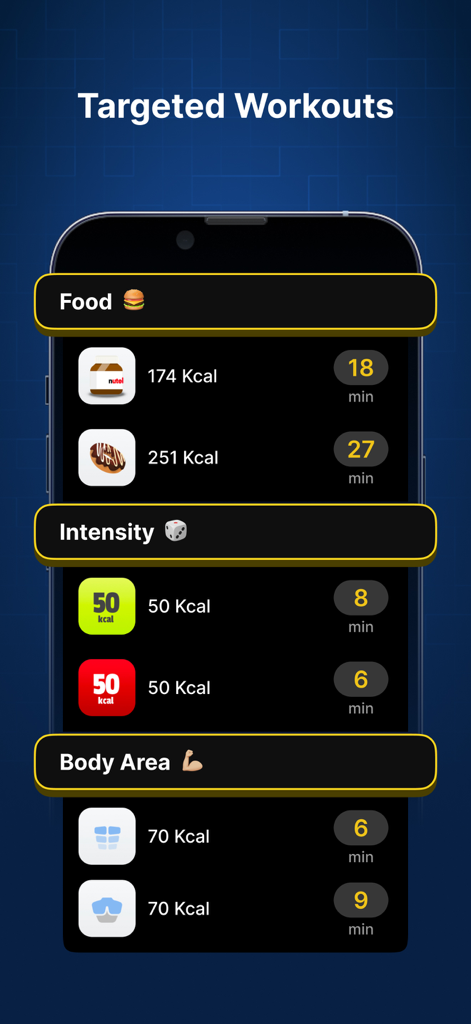 P4P Burnify: Weight Loss Plan - Interfaz de la aplicación Burnify mostrando opciones de entrenamiento categorizadas por calorías de alimentos, intensidad del ejercicio y áreas del cuerpo objetivo.
