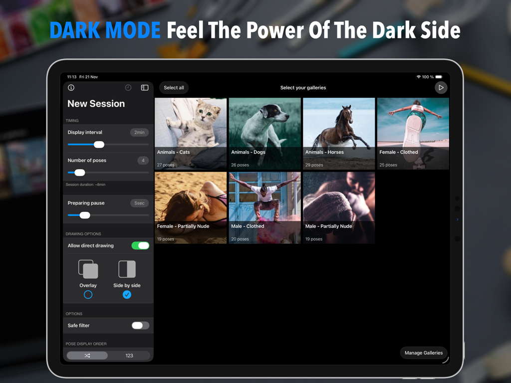 Interfaz del iPad de la aplicación Quick Poses en modo oscuro mostrando los ajustes de configuración de sesión y una selección de galerías de poses con personas y animales.