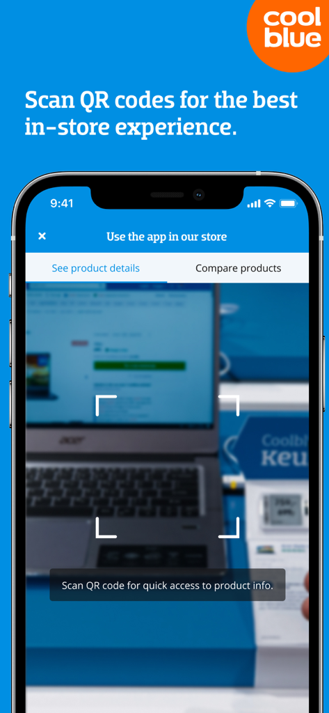 The Coolblue app scanning a QR code on a laptop in-store to show product details and comparisons.
