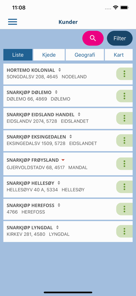 Mobile screen of the Increase Sales app showing a list of customers with names and addresses for territory management.