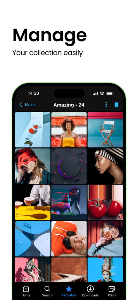 Interfaz de la aplicación Depositphotos que muestra una cuadrícula de imágenes y fotos guardadas libres de derechos en una colección.