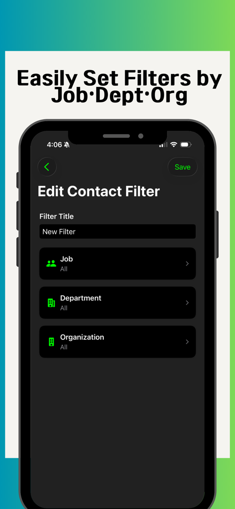 Send Multi SMS App-Oberfläche, die Optionen zur Kontaktfilterung nach Abteilung und Organisation anzeigt.