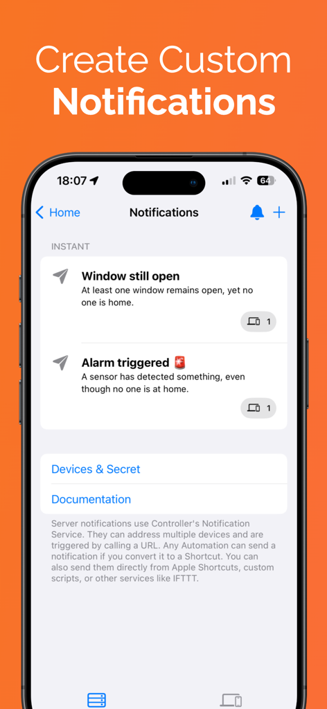 Interface of Controller for HomeKit showing custom smart home notifications for window status and alarm triggers