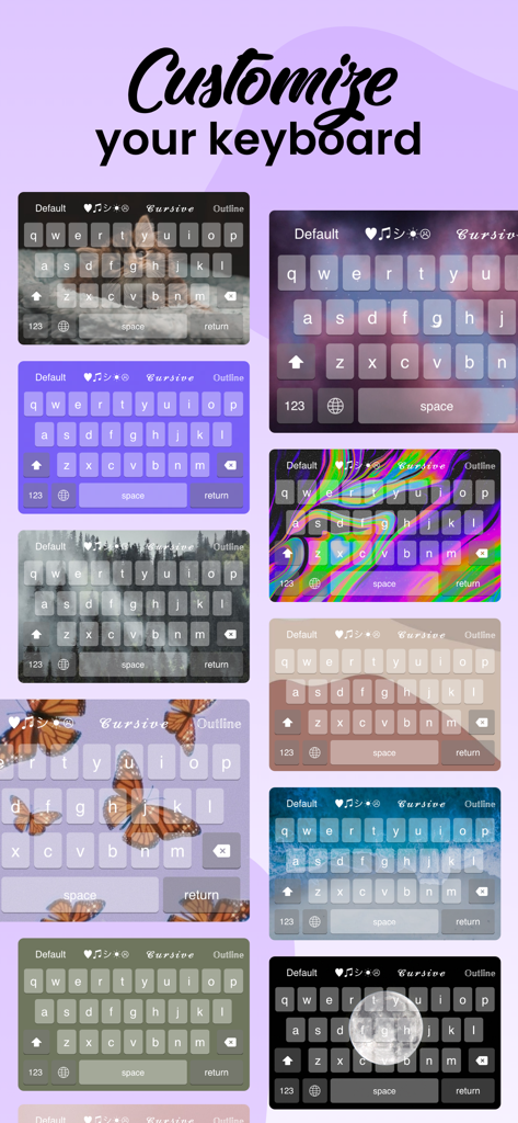 Fonts: Aesthetic Font Keyboard - A variety of aesthetic keyboard themes with different fonts and background images like butterflies and kittens