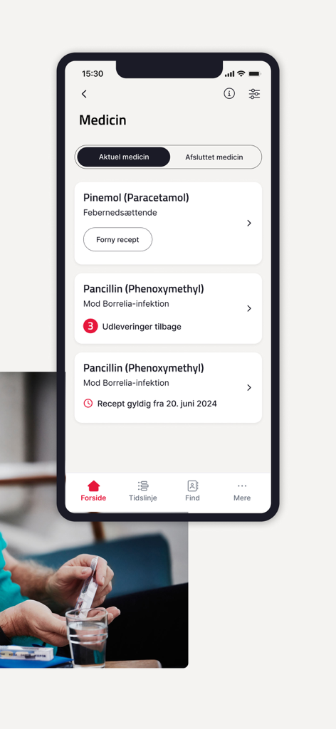 MinSundhed app interface showing a list of current medications and prescription renewal options