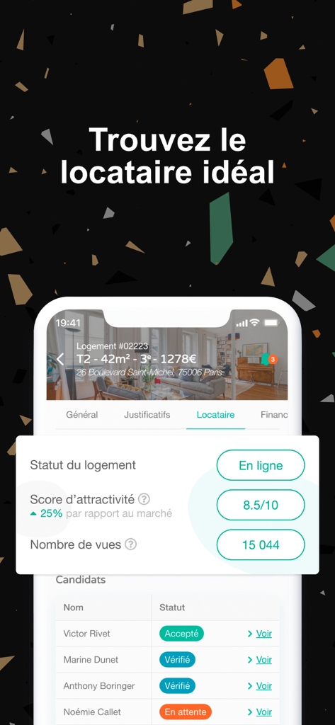 Tableau de bord de l'application Manda pour les propriétaires montrant le score d'attractivité de la propriété et le statut des candidatures des locataires