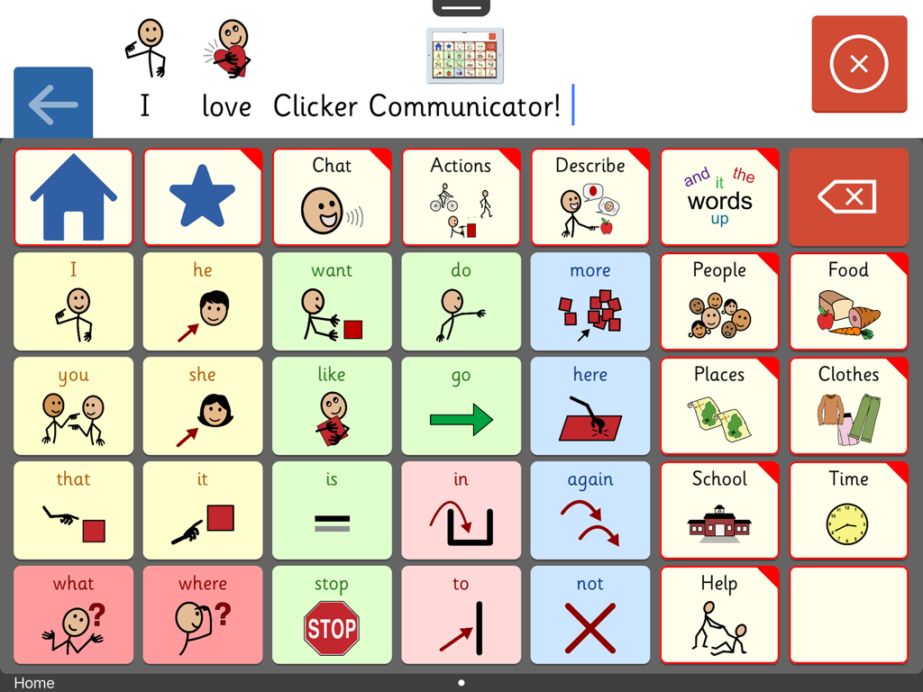 Clicker Communicator: AAC - Clicker Communicator AAC app screen showing a communication board with color coded symbols and categories for children