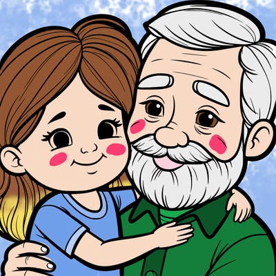a grandfather with a short beard cuddles a little girl