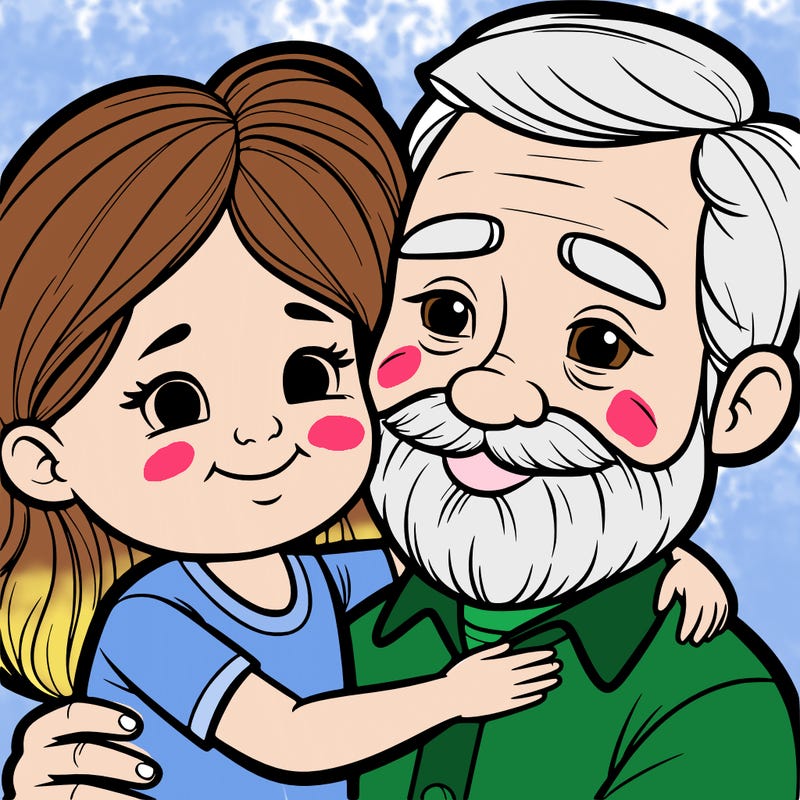a grandfather with a short beard cuddles a little girl