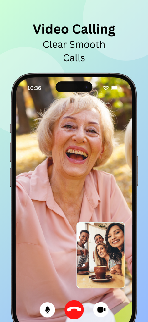 Chit Chat+ - Tela de smartphone mostrando uma interface de videochamada com uma senhora idosa rindo e um grupo de jovens amigos em uma janela menor