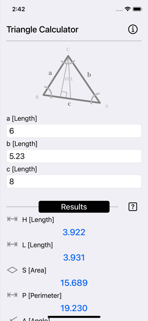 Triangle Calculator Plus - Mobile app interface for Triangle Calculator Plus displaying side length inputs and calculated geometry values