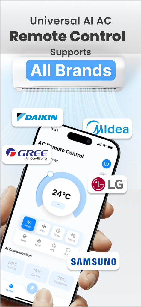 Aircon Remote - AC control - Universal AI AC remote control app interface supporting major brands like LG and Samsung.