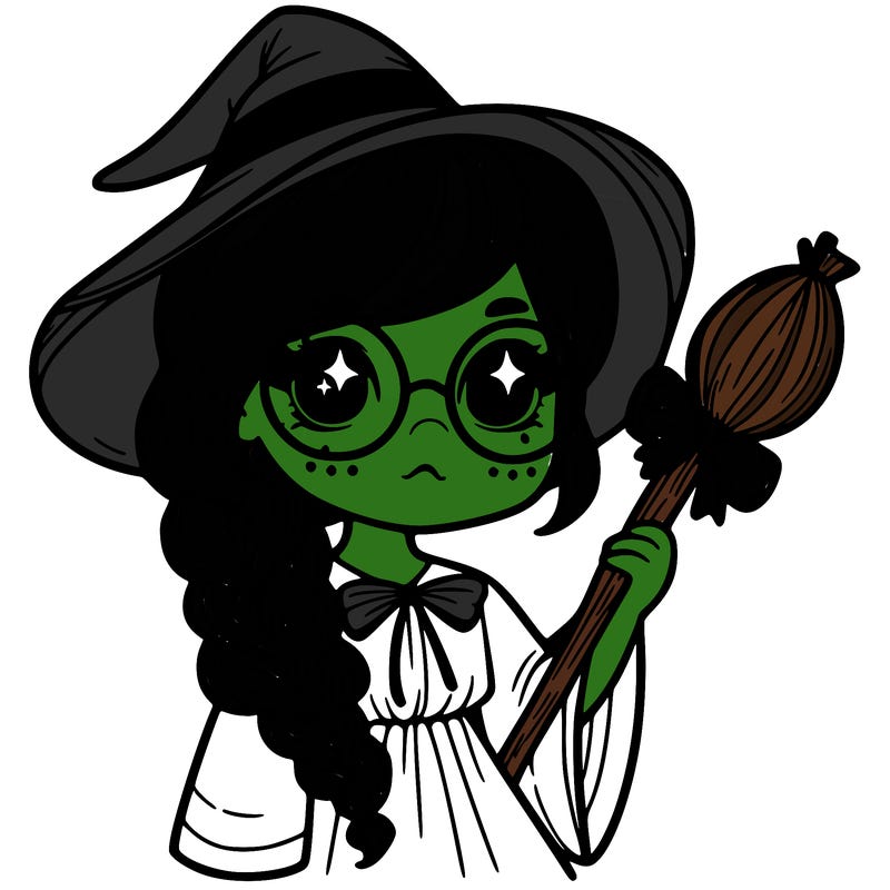 a witch with a braid and two glasses