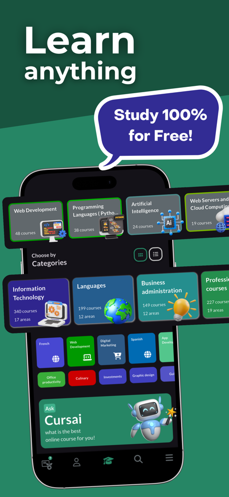 Cursa - Learn anything - Schermata dell'app di apprendimento online di Cursa che mostra categorie per corsi online gratuiti come IT, lingue e amministrazione aziendale.