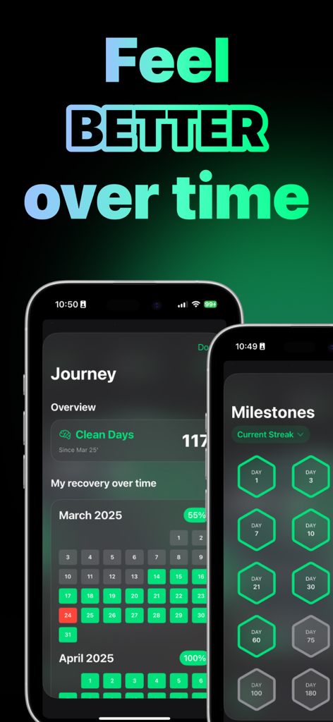 Quit Corn app interface showing a recovery journey calendar and milestone badges for clean days