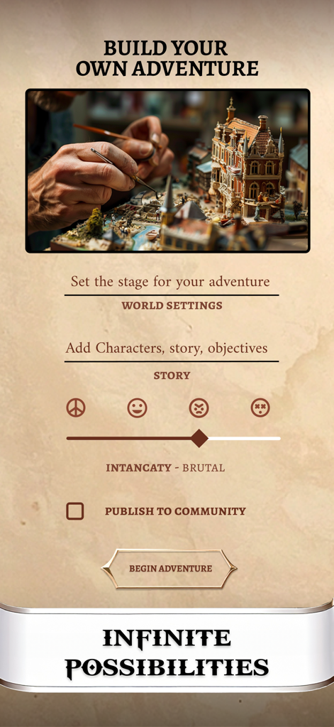 AI Game Master - Dungeon RPG - Interface for building a custom adventure in AI Game Master showing world settings and story difficulty slider