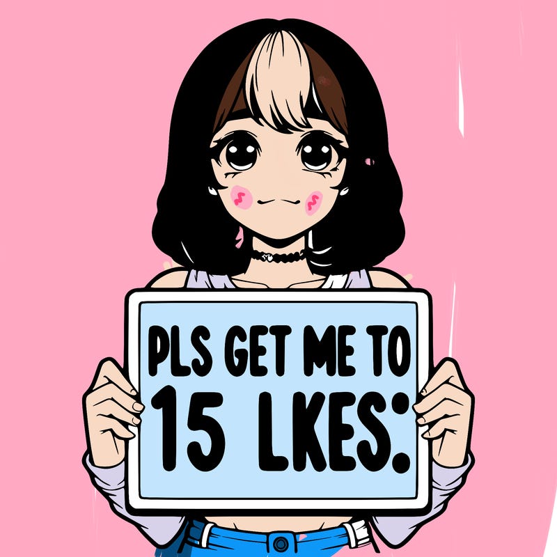 realistic girl holding up a sign that says “pls get me to 15 likes!”