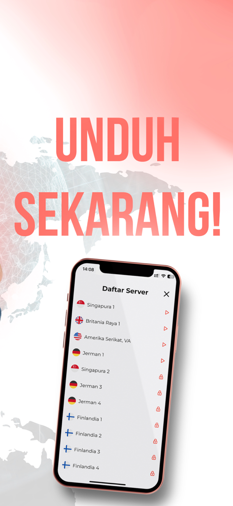 VPN Indonesia – Secure & Fast - A smartphone displaying the server list of the VPN Indonesia app with options for Singapore, USA, and Germany under a Download Now call to action.