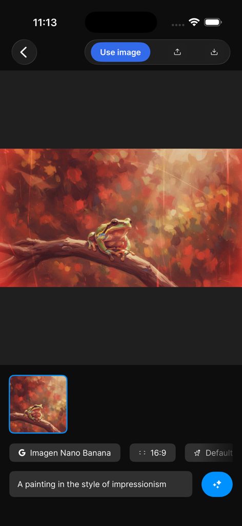 Freepik AI: Video Generator - Freepik AI app interface showing an AI-generated impressionist painting of a frog on a branch