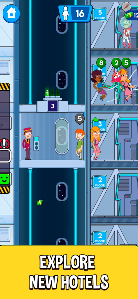 Gameplay of Hotel Elevator Doorman Mania showing the space hotel level and guests