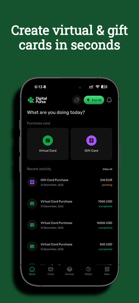 Digital Purse - Digital Purse mobile app dashboard displaying options to create virtual and gift cards with a recent transaction history.