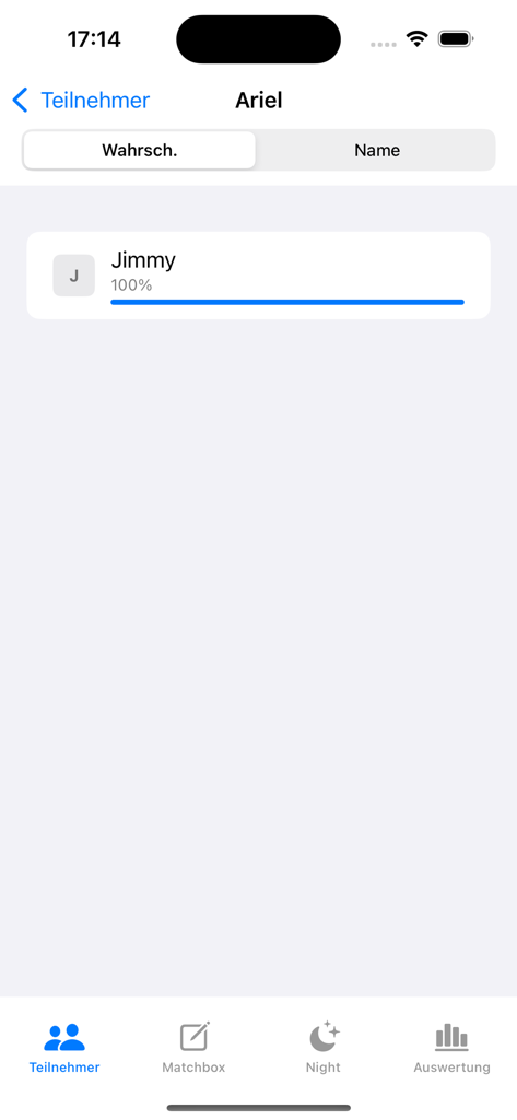 AYTO-Rechner - App screen showing a 100 percent perfect match probability between contestants Ariel and Jimmy.