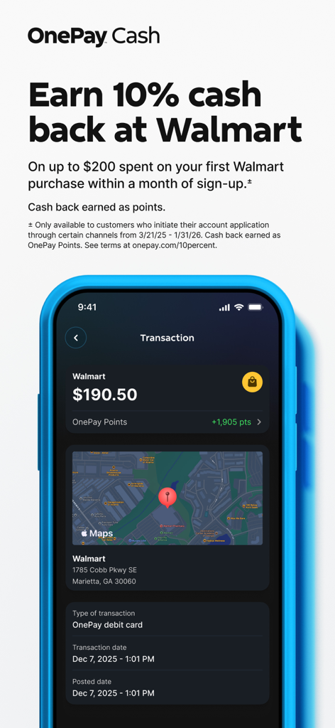 OnePay – Mobile Banking - OnePay 모바일 금융 앱, 월마트 구매에 대한 10% 캐시백 제안 및 샘플 거래 화면 표시
