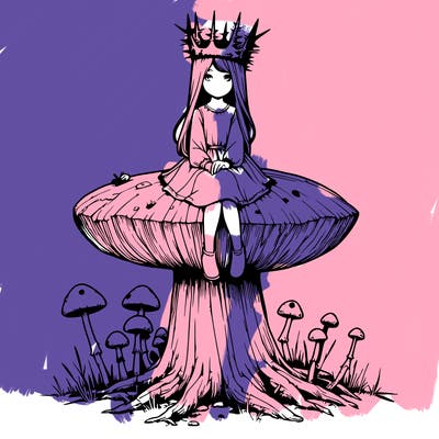 realistic girl sitting on a huge tree stump size toadstool with thorn crown